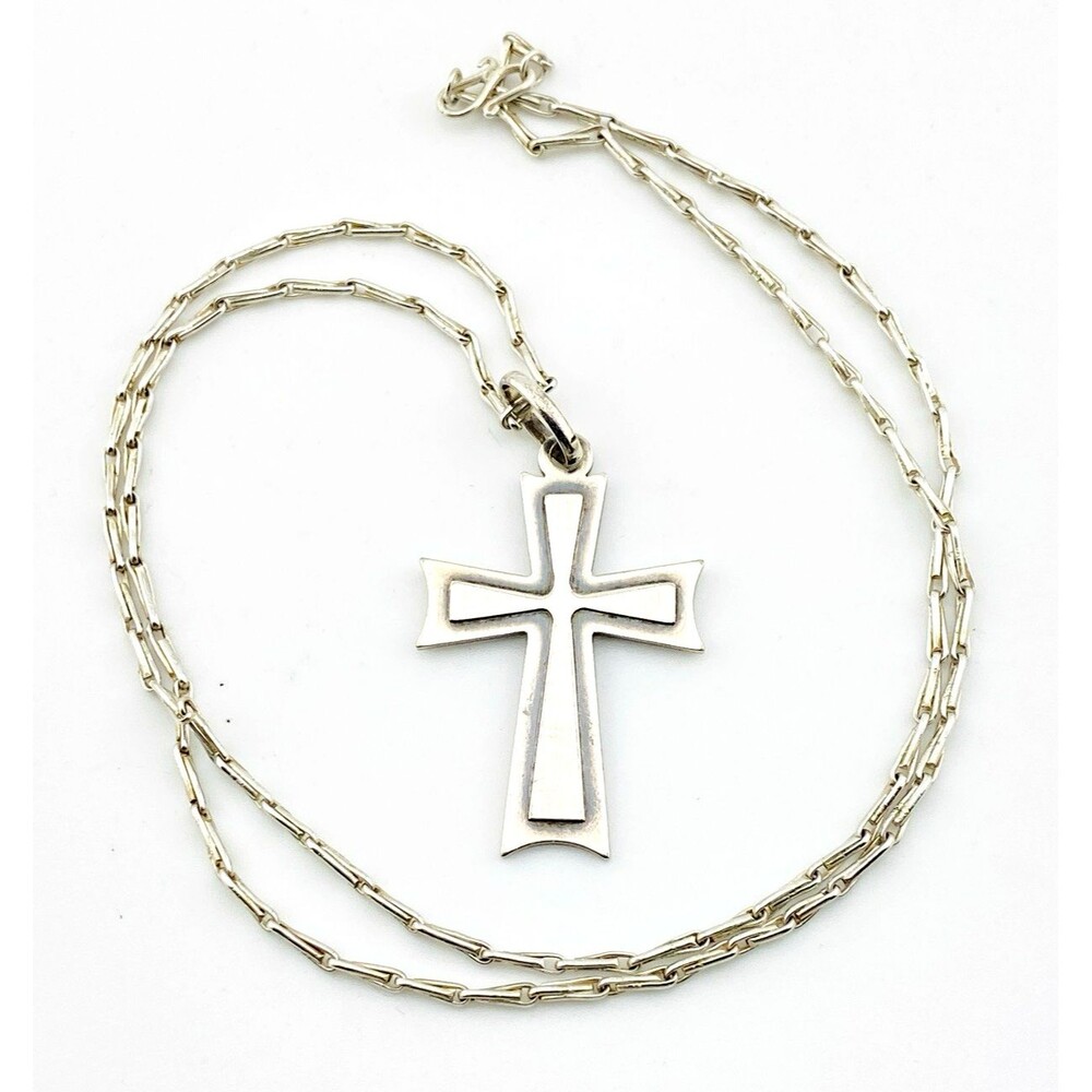 Vintage Sterling Silver Cross Pendant Necklace Paper Clip Chain 19" Signed 201VI